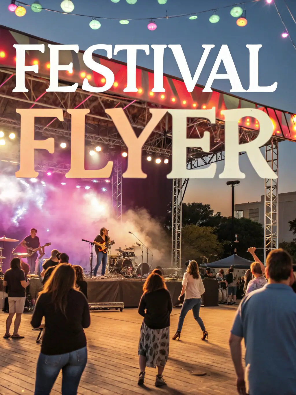 A vibrant outdoor music festival scene with multiple stages, food trucks, and a large crowd enjoying the music.
