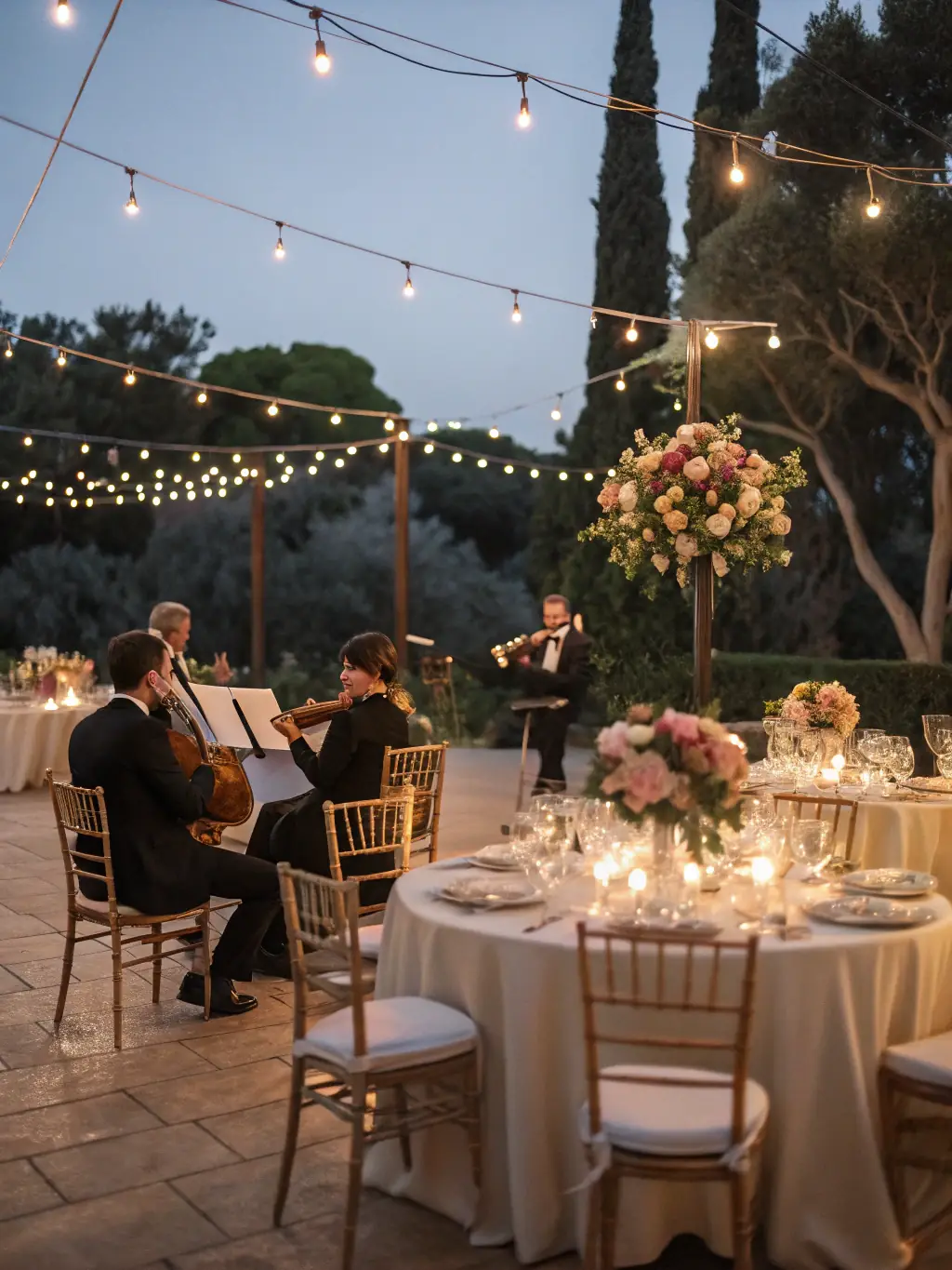 An elegant wedding reception in a beautifully decorated venue, with guests enjoying dinner and dancing.