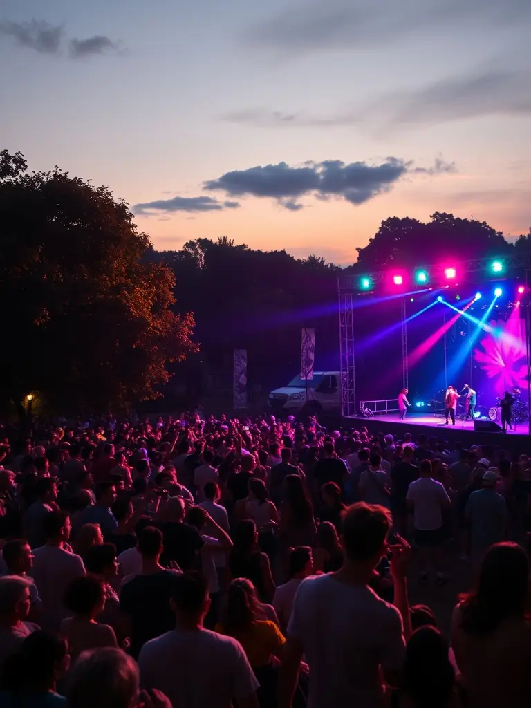 A lively music festival scene with a large crowd, colorful stage lighting, and food vendors, capturing the energy and excitement of the event.