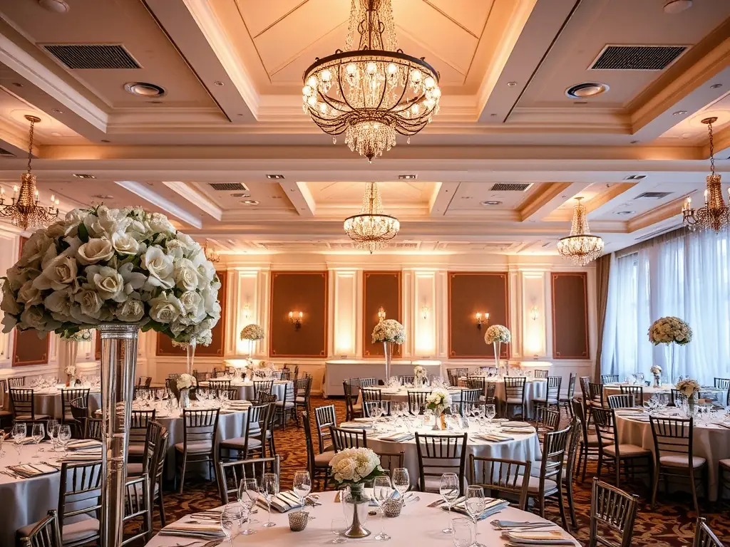 A photograph capturing the joyous atmosphere of a wedding, featuring a beautifully decorated venue, happy couple, and guests celebrating.