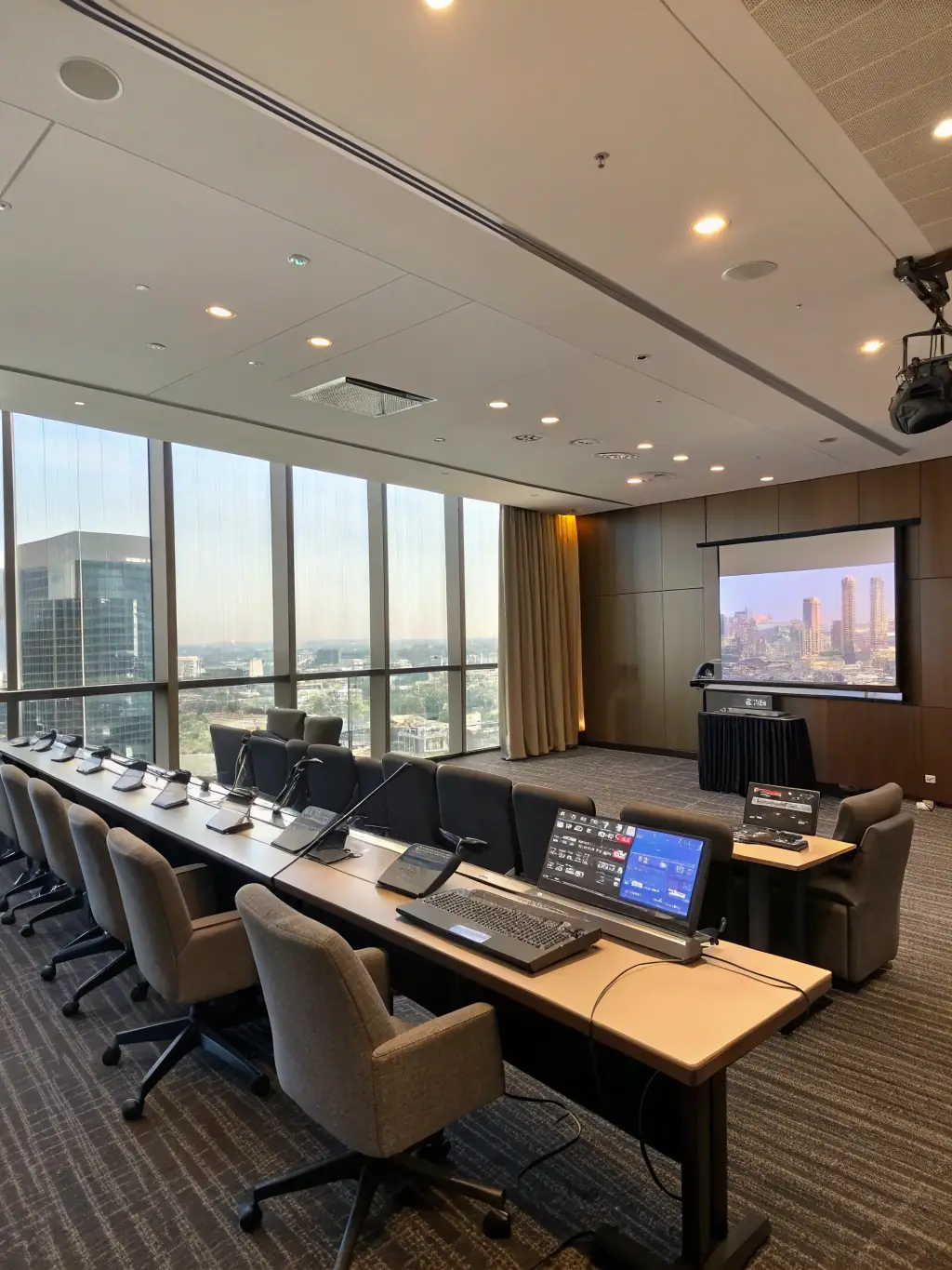 A brightly lit conference room during a corporate event setup, showcasing tables with company-branded materials and AV equipment being tested by technicians.