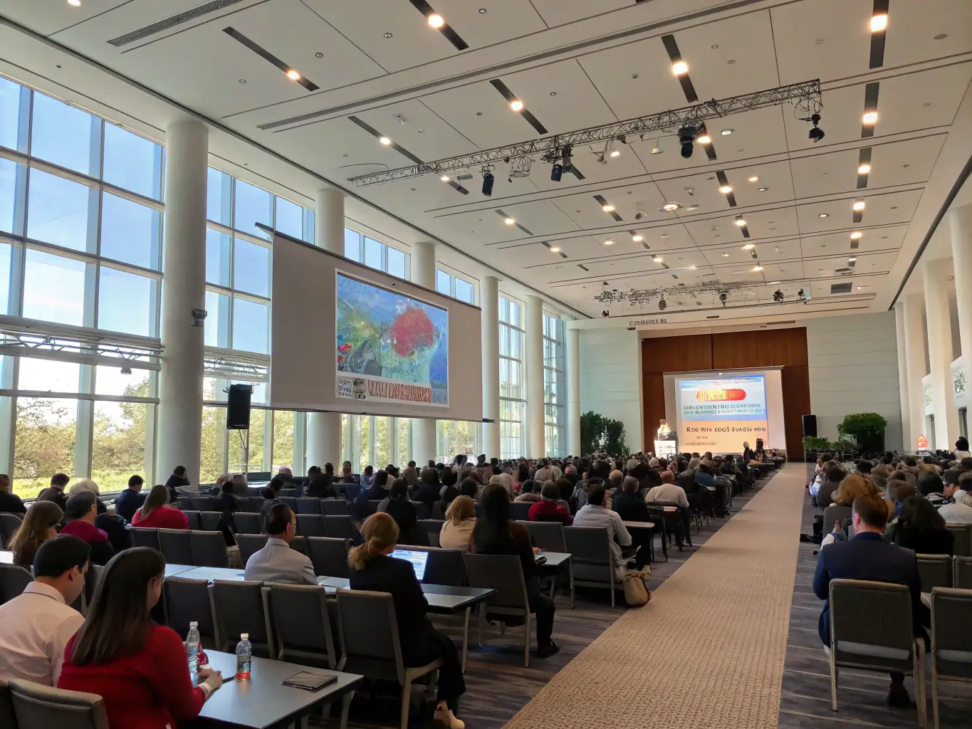 A photograph of a conference setup with attendees, speakers, and presentation screens, highlighting the professional and informative environment of a conference.