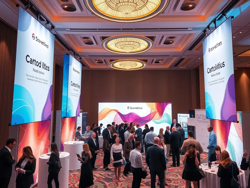 A photograph showcasing a corporate event setup with professional lighting, stage, and branding elements, capturing the essence of a successful corporate gathering.