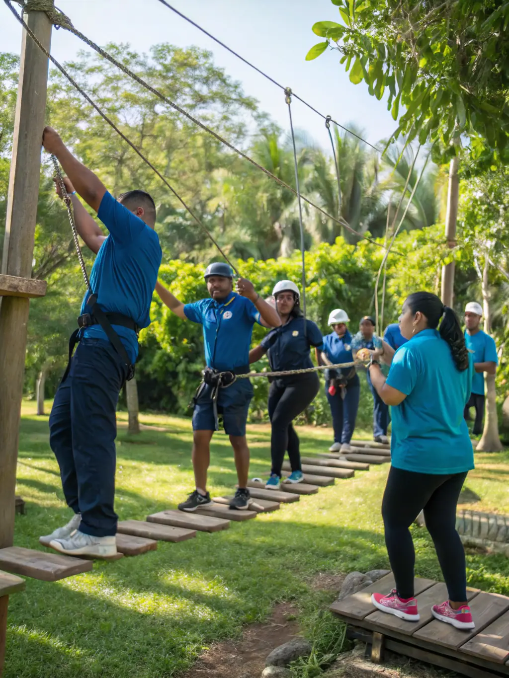A group of people participating in a team-building activity outdoors, with instructors guiding them through a challenge, promoting collaboration and engagement.